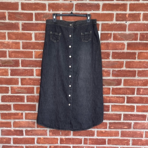 Vintage Dresses & Skirts - Vintage black denim button front midi skirt